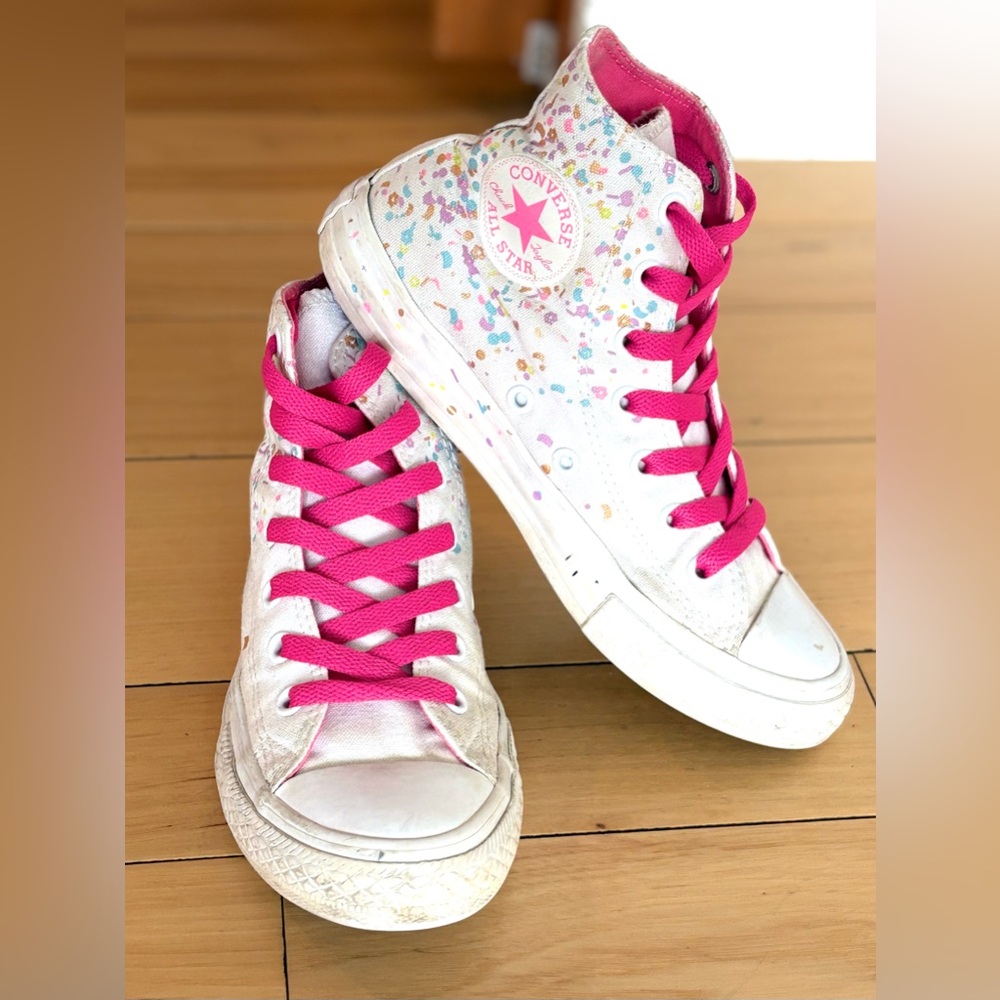 Converse Kids White High-Tops with Bright Pink Laces and Multicolor Speckle